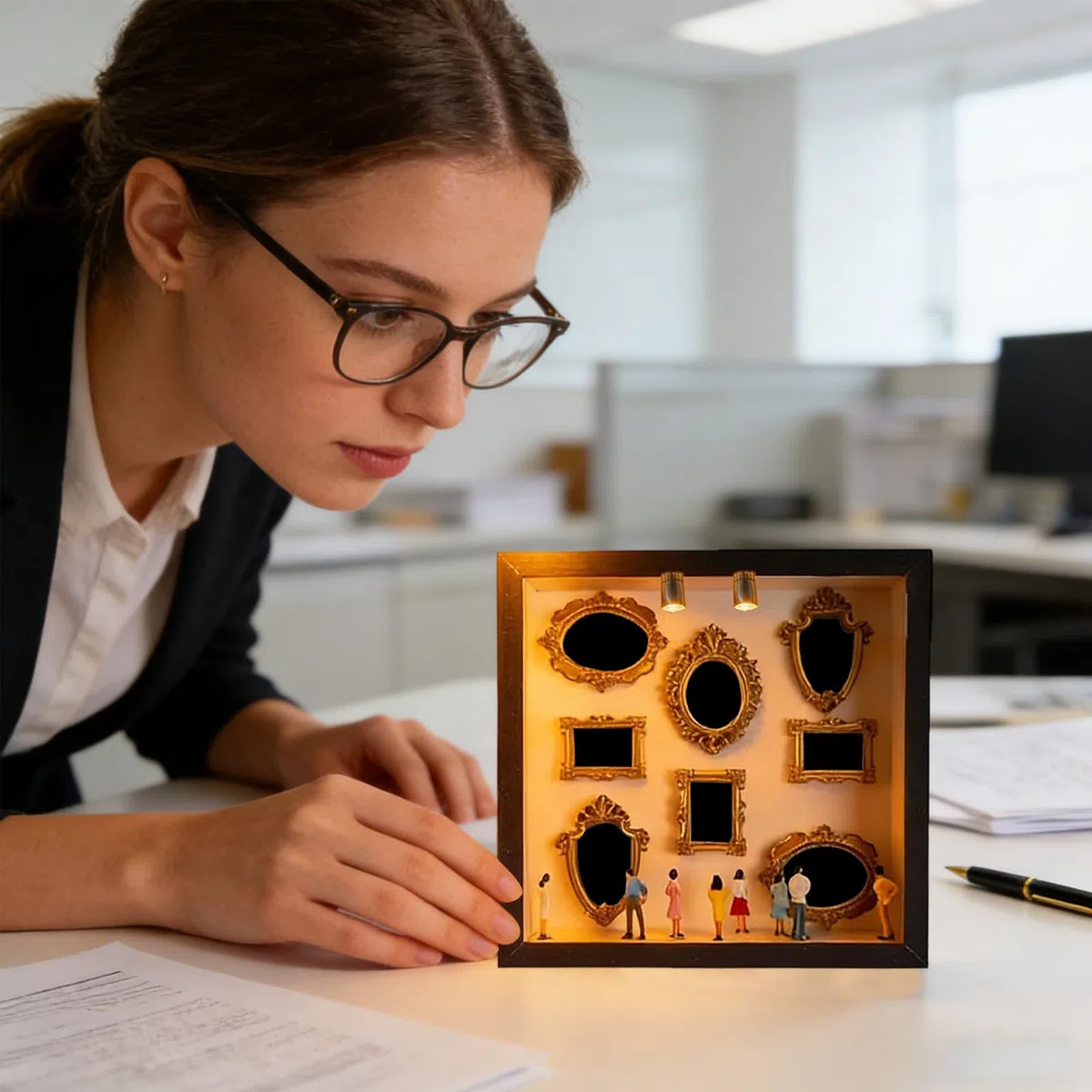 DIY Mini Museum Silhouette Box Mit Licht, 3D Fotorahmen Displaybox Enthält 8 Goldene Miniaturfiguren, Multifunktionaler Miniaturfiguren Fotorahmen Für Jubiläum Hochzeit Geburtstag