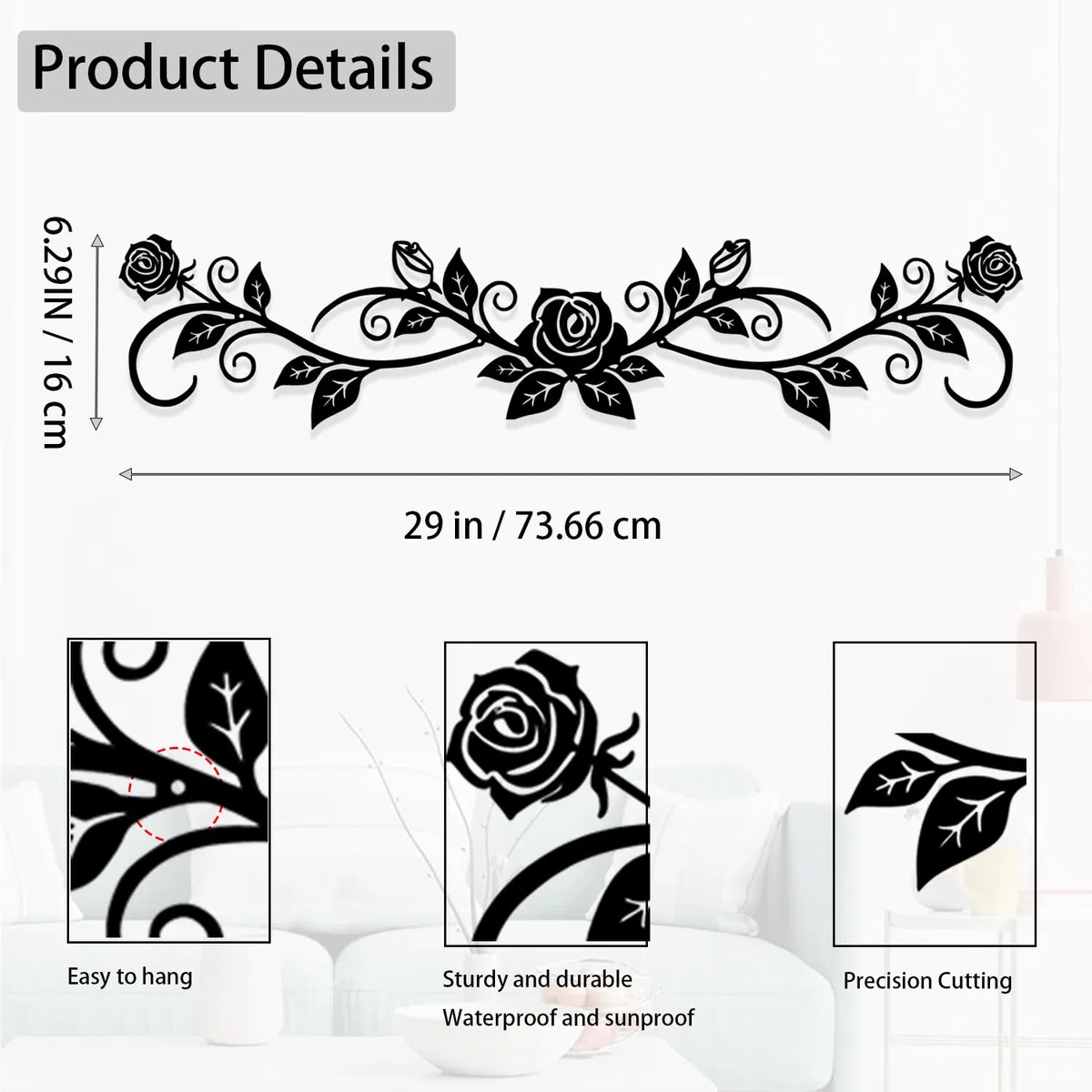 DUOOLN Groß Metall Wanddekoration,Langes Eisen Rosenblüte Ranken Dekor,Moderne Geometrische Wanddek, Schwarze Metall-Wanddekoration für Bauernh Zuhause, Schlafzimmer, Wohnzimmer (73.66 x 16 cm)