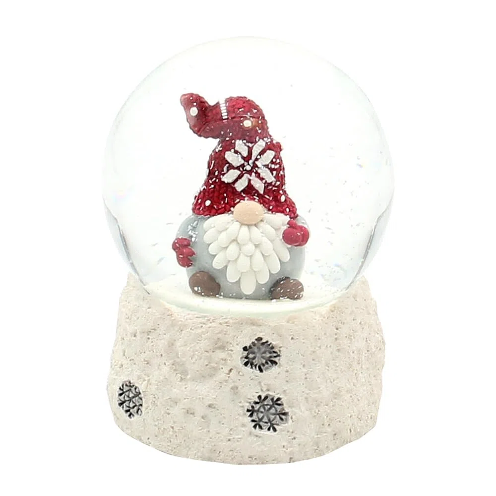 Dekohelden24 Schneekugel Weihnachtswichtel mit roter Mütze auf weißem Sockel, L/B/H/Ø Kugel 6,5 x 6,5 x 8,8 cm Ø 6,5 cm