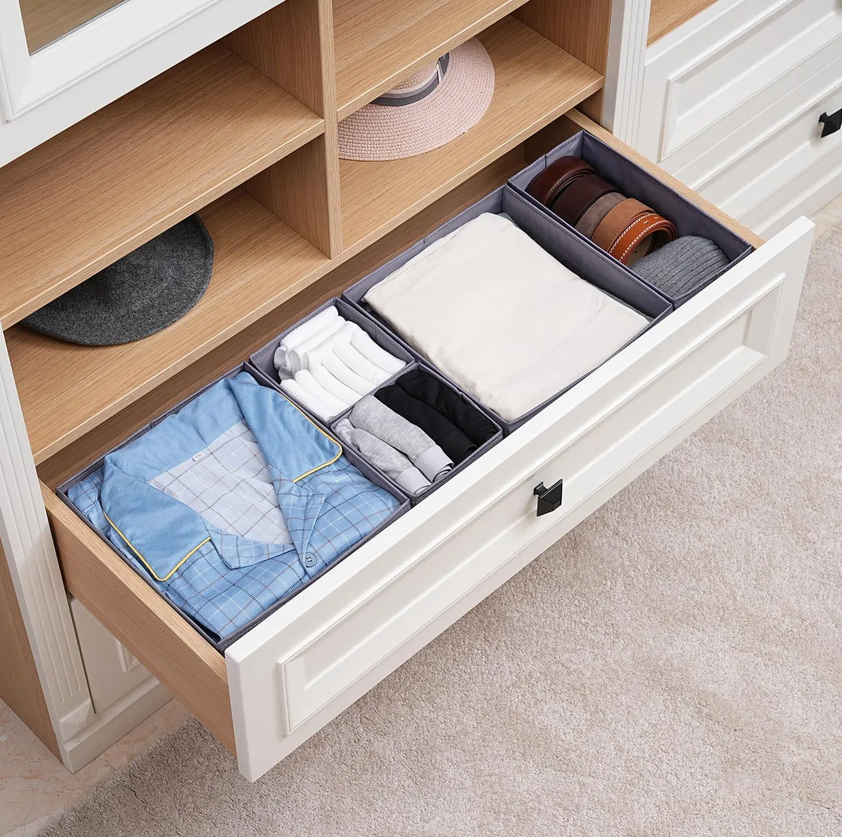 TYEERS Schubladen Organizer, Strapazierfähiger Stoff, Waschbar, mit Bodenstützplatten, Kleine Aufbewahrungsboxen für Badezimmer, Kleiderschrank, Kommode, 6er-Set, Dunkelgrau