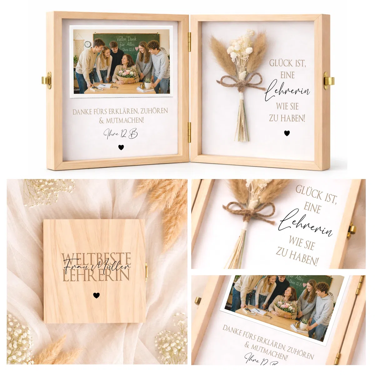 Personalisierte Geschenkbox Holz „Weltbeste Lehrerin“ mit Namen – Abschiedsgeschenk Schule & Fotogeschenk mit Spruch & Blume – Danke Geschenk Lehrerin (Glück ist, eine Lehrerin wie Sie zu haben!)