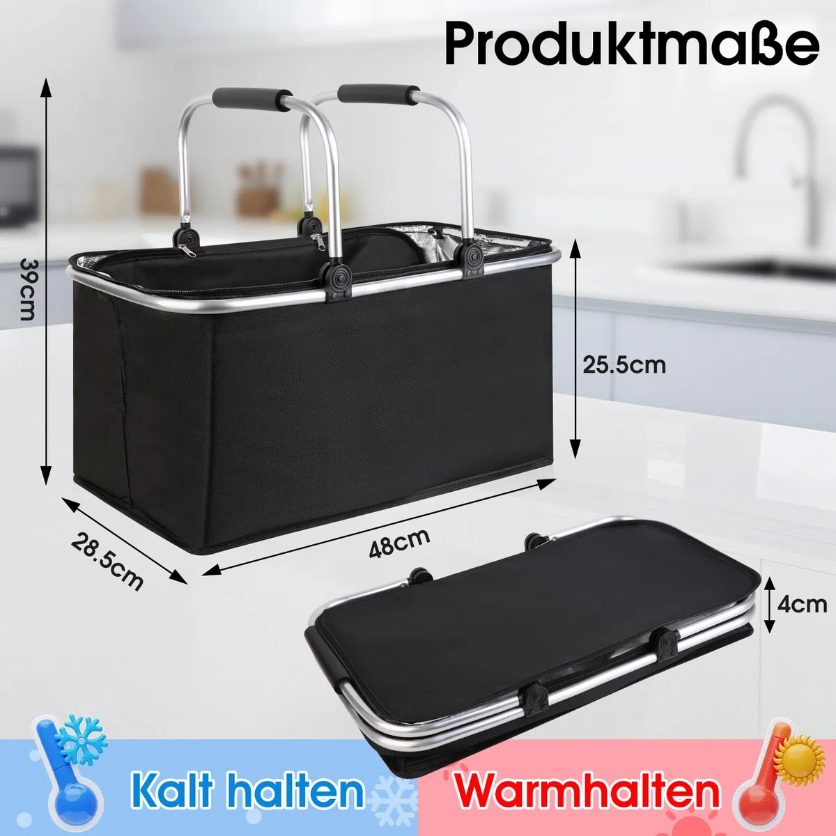 AOKLEY 30L Kühlkorb Einkaufskorb mit Deckel isoliert faltbar Picknickkorb | Isolierter Reißverschlussdeckel Alu Klapprahmen 2 Henkel faltbare Stützstange Picknick Kühltasche Thermo Kühlfunktion Schwarz