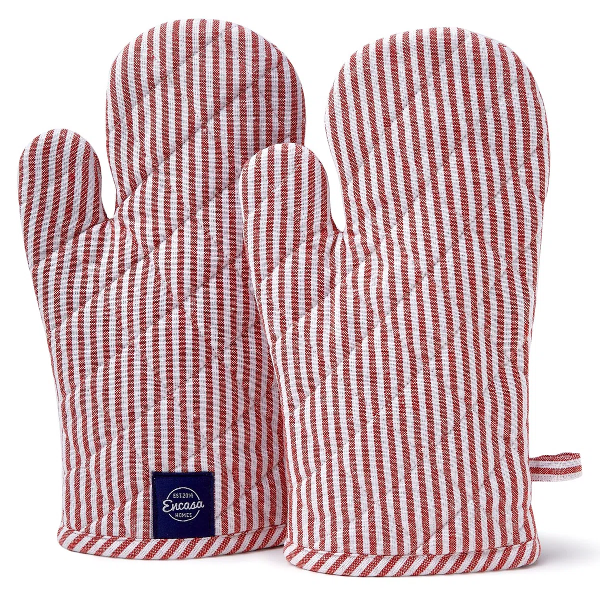 Encasa XO Long 18x30 cm Oven Microwave Hand Gloves Mitts (2 pc Set) for Kitchen Cooking & Baking - Heat Resistant, Thick & Safe, Protection of Hands from Hot Utensils, Grill - Ticking Red
