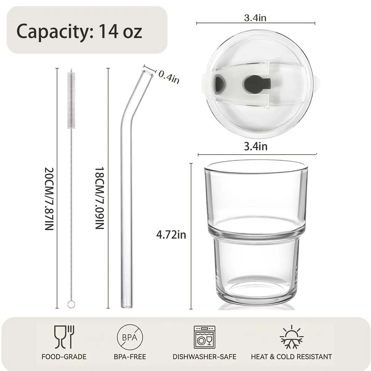 VITEVER 2 Stück 450ml Glasbecher mit Deckel und Strohhalm, Smoothie Becher mit Strohhalm, Luftdicht Wasserdicht Design Kaffeebecher Travel Mug, Eiskaffee Becher, Trinkglas