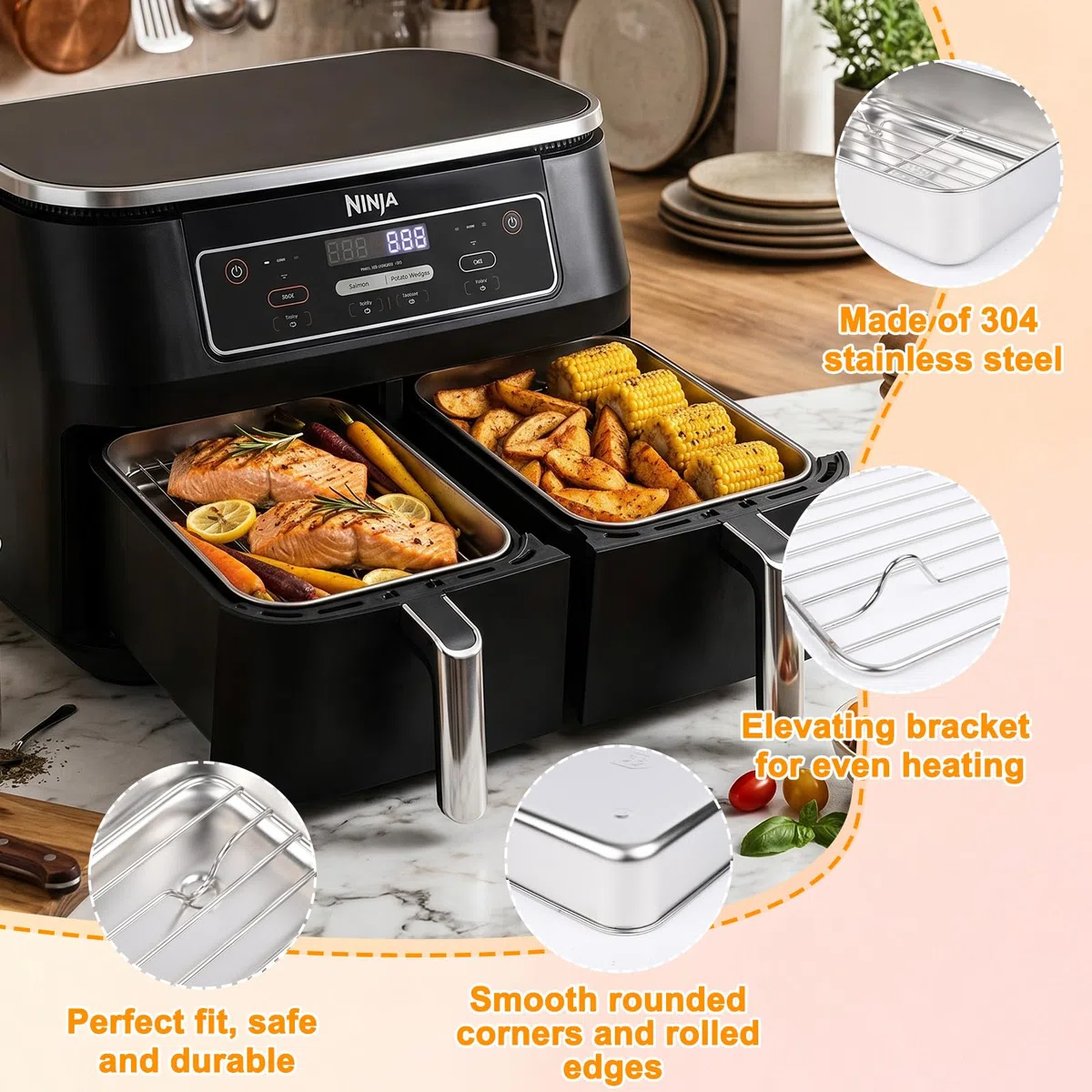 Airfryer Zubehör Set für Ninja Dual Zone & FlexDrawer – 8-tlg. Heißluftfritteuse Zubehör für AF500EU AF400EU AF451EU DZ400EU, mit Backform, Rost, Bürste & Schaber, Spülmaschinenfest, Wiederverwendbar