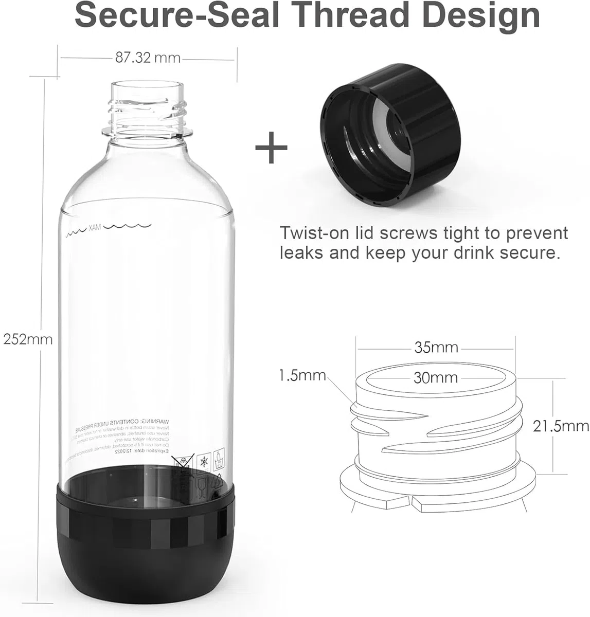 Mycket Soda Maker Flaschen, 2 x 1L Carbonating Bottles, BPA-frei Kohlensäureflaschen, Wiederverwendbare PET-Sprudelwasserflaschen, Ersatzflaschen für Soda-Maschine, Schwarz+Weiß