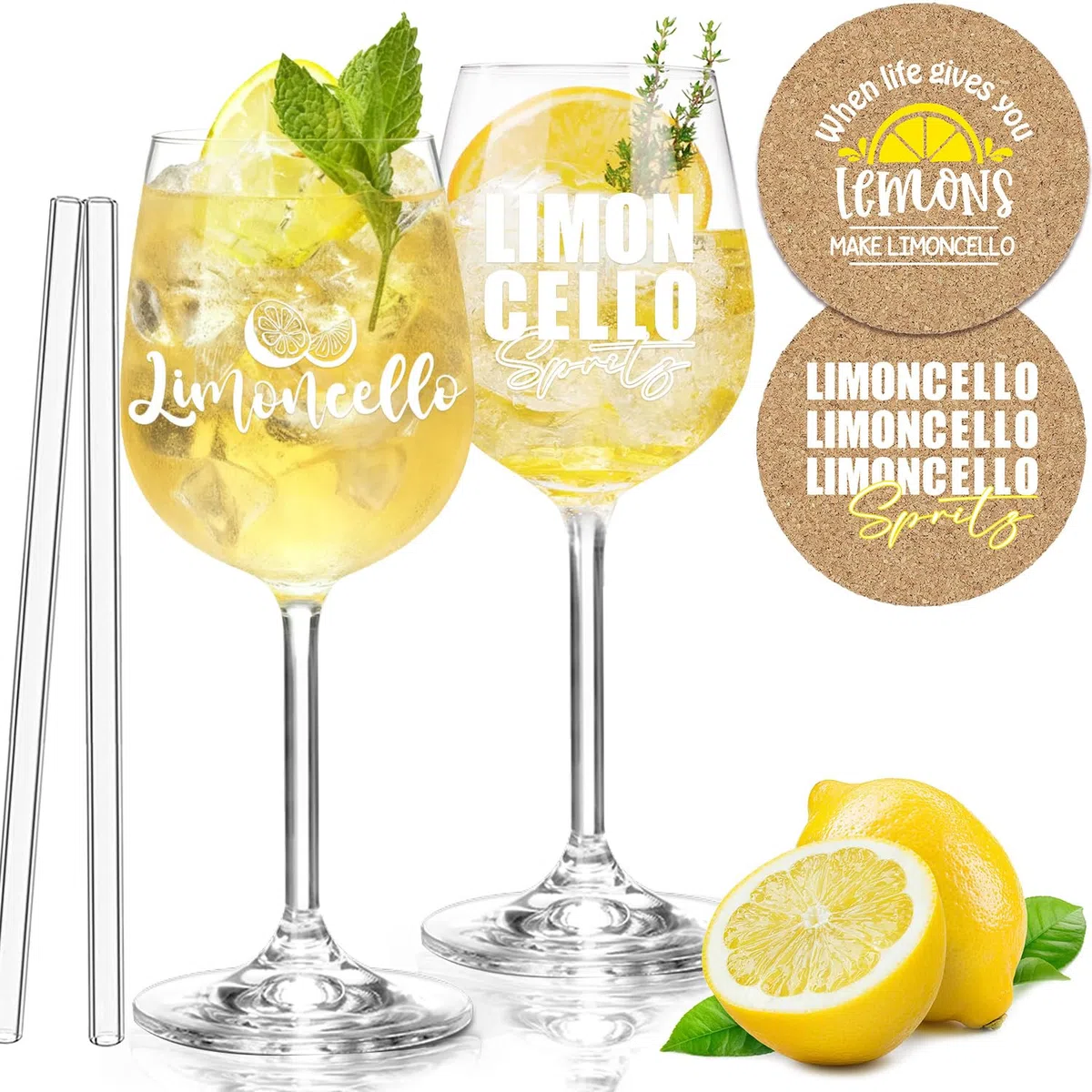 2er Set Limoncello Gläser Geschenkset - Premium Limoncello Aperitifglas∣Glasstrohhalme∣Korkuntersetzer, Ideal Geeignet für Aperitif Fan