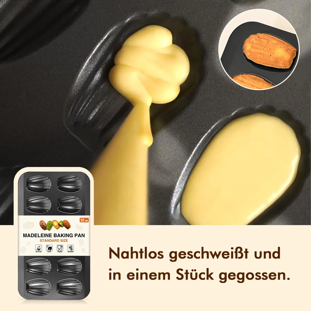 OAMCEG Madeleines Backform, 12 Mulden 2 Stück Madeleine Form, Antihaftbeschichtet Karbonstahl mit Backpinsel für Ofen Backen Schokolade Brownies Kekse