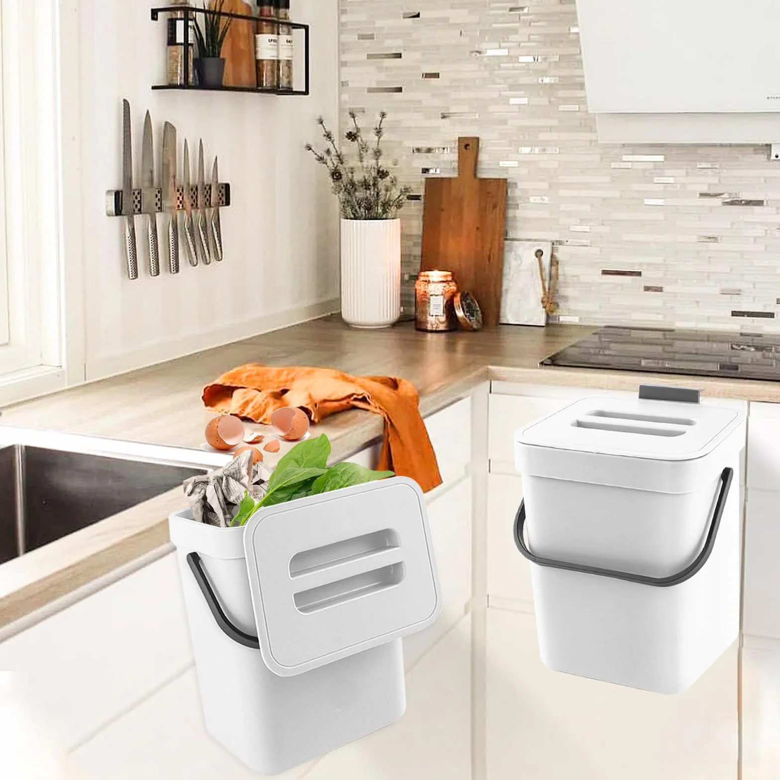Kleiner Komposteimer für die Küche, Mülleimer, Hängend Biomülleimer, Mülleimer für Arbeitsplatte, Behälter mit Deckel, Komposter, für den Innenbereich, 3 L, Weiß