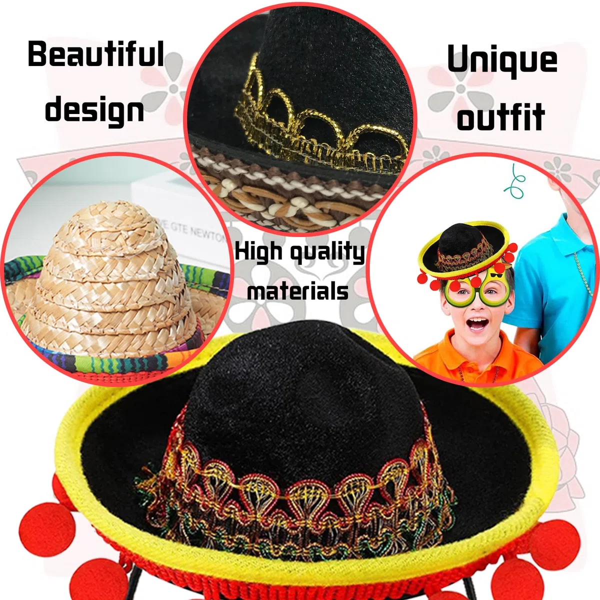 Set von 6 Cinco de Mayo Stroh Sombrero Stirnband Stoff Partyhüte mit Ball Fransen Dekoration für Fiesta Hut Partyzubehör, Perfekt für Fiesta, Dia de Muertos & Mexiko-Themenpartys