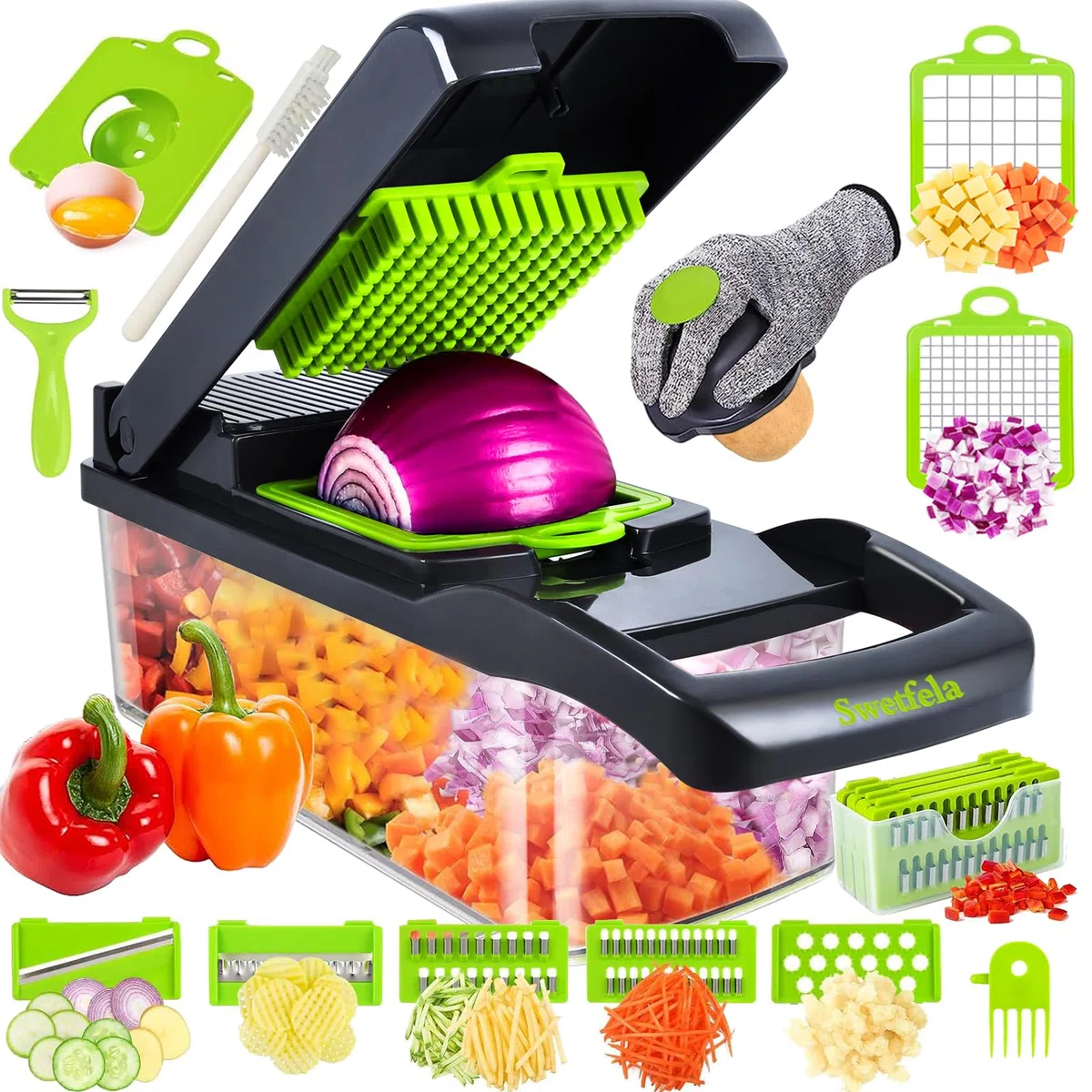 18-in-1 Gemüseschneider & Gemüsehobel, Multifunktionaler Vegetable Chopper mit 7 Klingen, Zwiebel Zerkleinerer Gemüsezerkleinerer Set mit Handschuh, Reinigungsbürste und Schäler