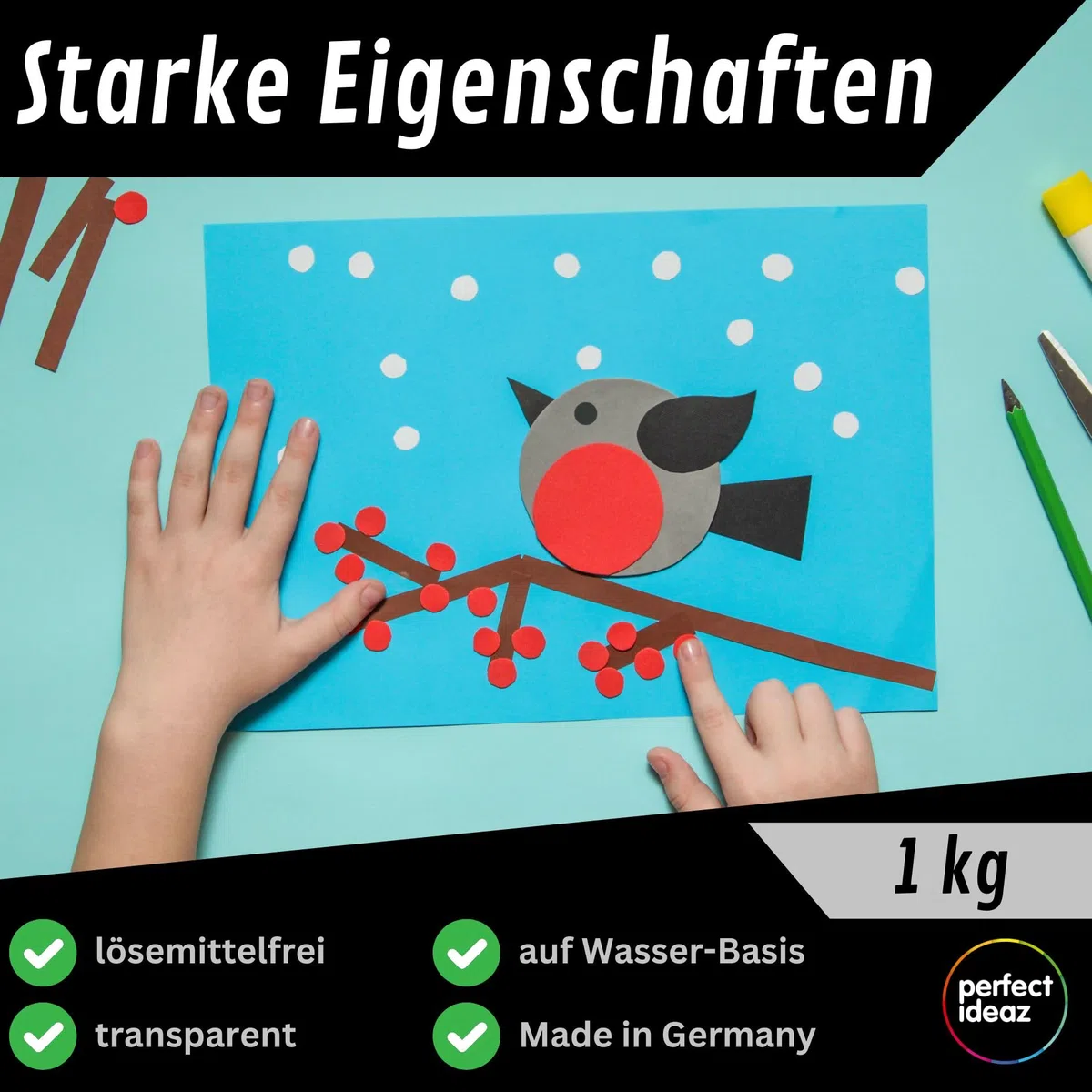 perfect ideaz – Bastelkleber 1.000 g (1 kg) – transparent & lösungsmittelfrei – starker PVA Flüssigkleber für Papier, Pappe, Stoff, Filz – auswaschbar, auf Wasserbasis, Made in Germany