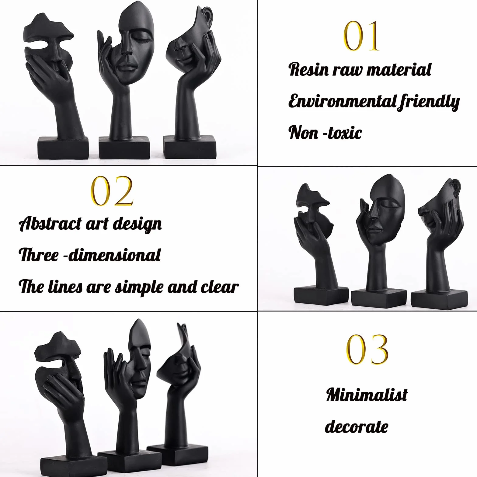 Schwarze Heimdekoration Akzentkunst Frau Gesicht Statue Sammlerstück Statue für modernes Zuhause Wohnzimmer Bücherregal Schwarz Schreibtisch Dekor 3-teiliges Set