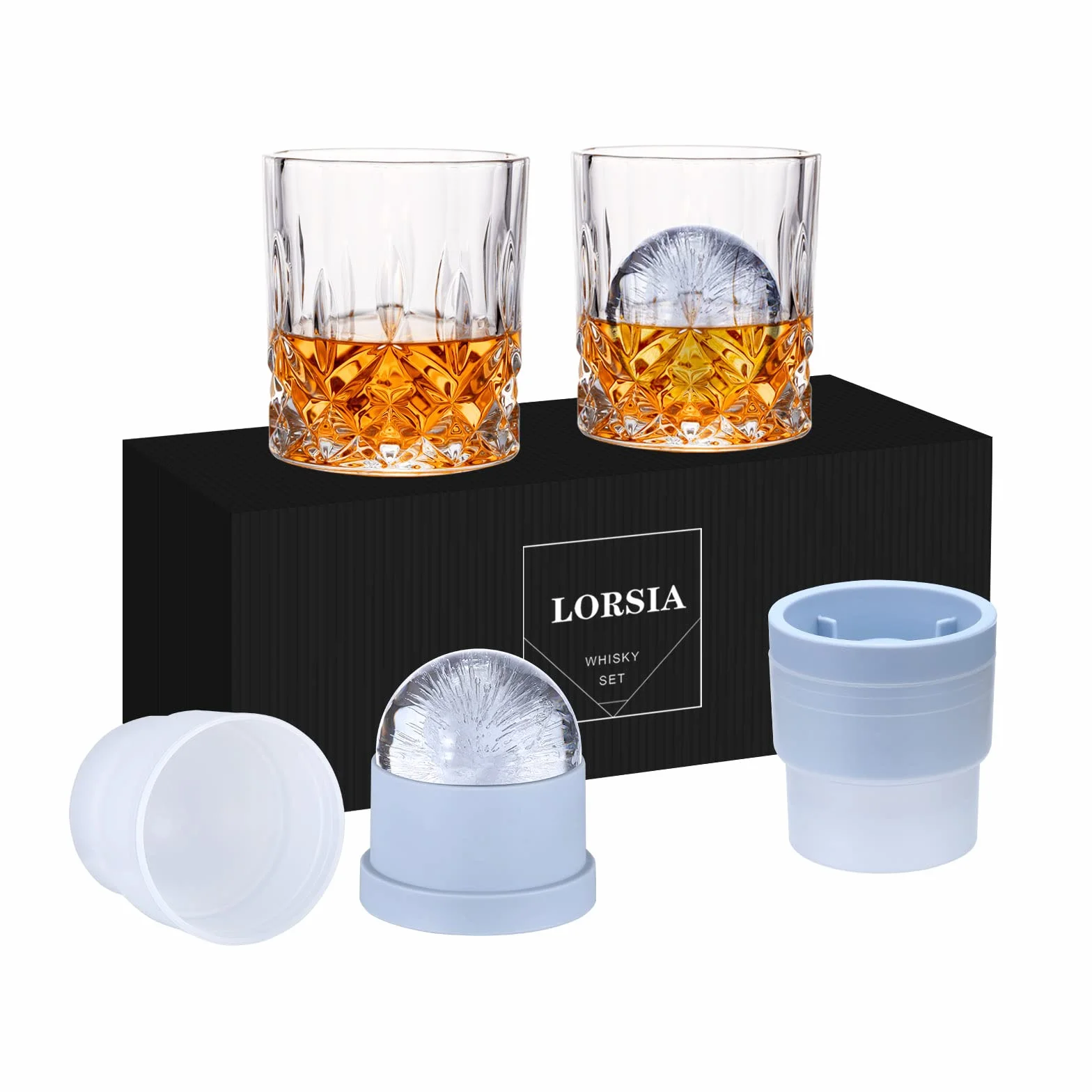 Whisky Gläser, 4er Set (2 Kristallgläser, 2 große Eiskugelformen) in Geschenkbox – 300 ml Whiskey für Scotch, Cocktail, Rum, Bourbon, Cognac, Wodka und Likör – Einzigartige Geschenke für Männer