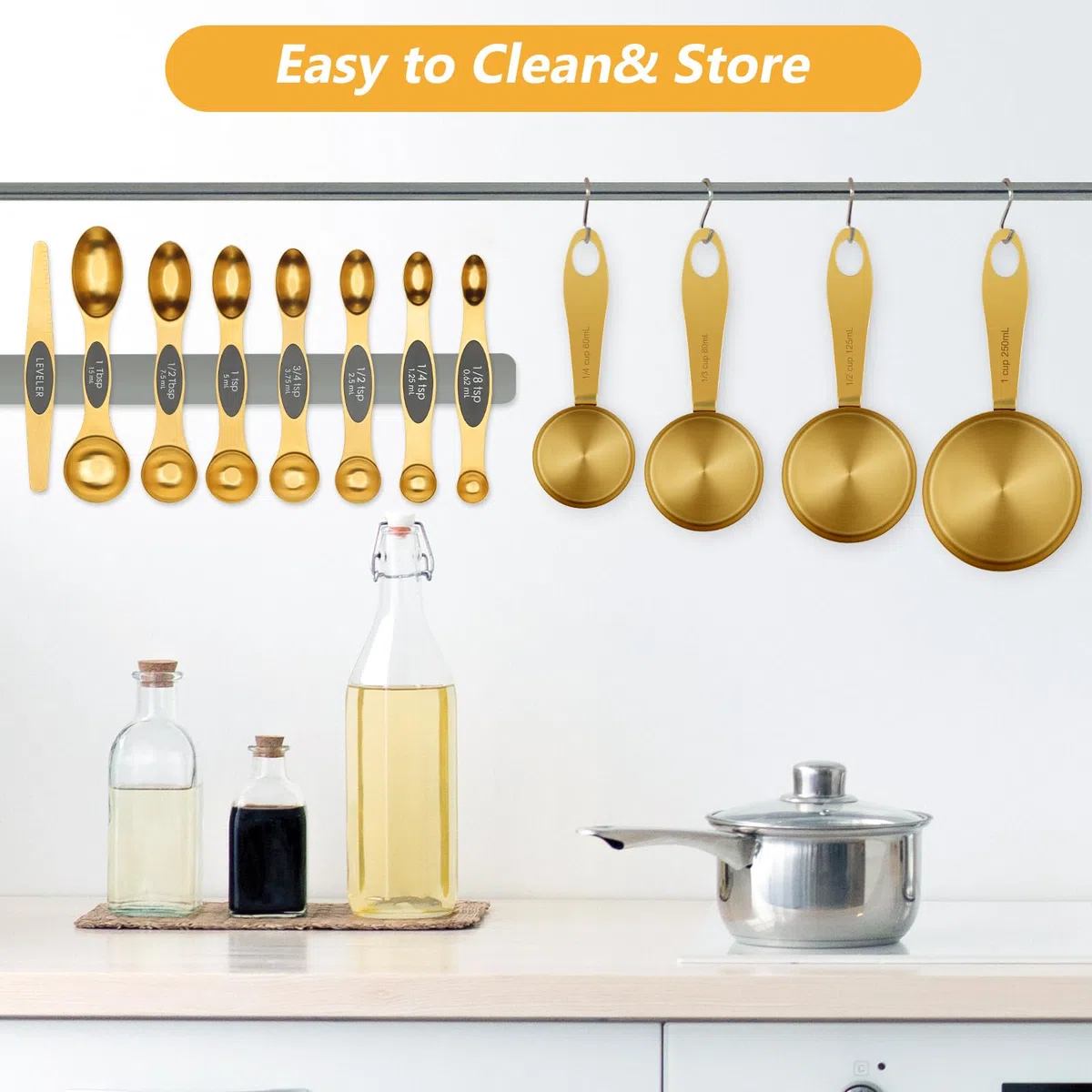 Cuteefun Gold Magnetische Messlöffel und Messbecher 12er Set, 8 Doppelseitige Magnetische Messlöffel mit Wasserwaage, 4 Premium Edelstahl Messbecher, Messen für Trockene und Flüssige Zutaten