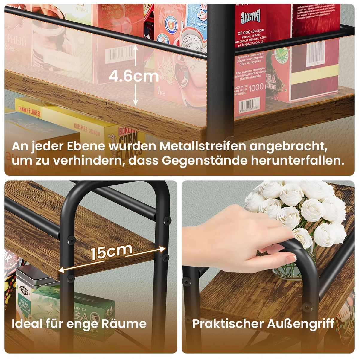 Asgolion Rollwagen 4 Ebenen, Küchenwagen schmal, Nischenregal auf Rollen, für kleine Räume, 4 Ebenen (15 x 40 x 85 cm), Küche, Bad, für Küche, Wohnzimmer, Esszimmer, Badezimmer, vintagebraun-schwarz