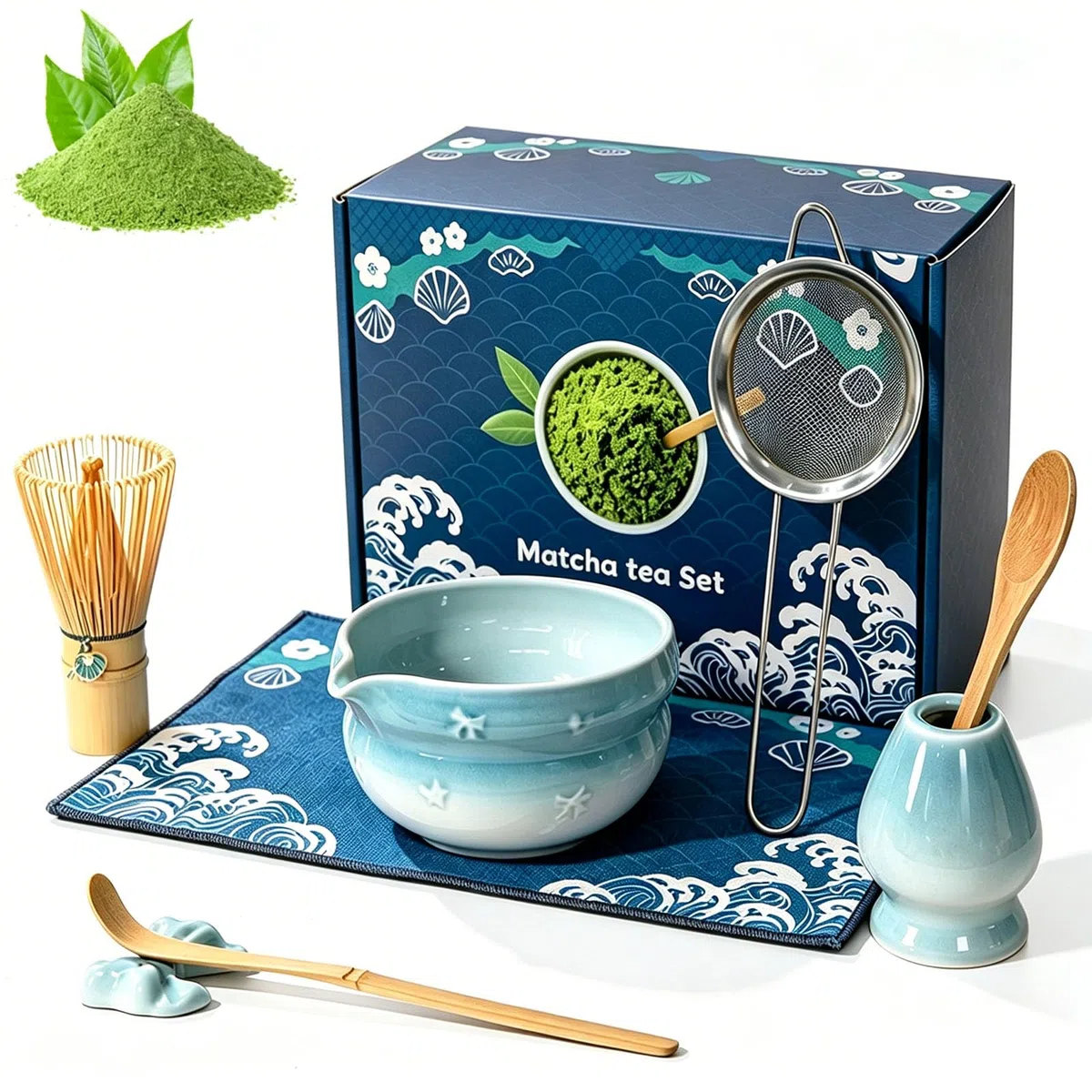 Matcha Set 8-Teiliges - Matcha Besen und Besenhalter, Matcha Schale mit Auslauf, Sieb, Löffel und Halter, Japanisches Matcha Tee Set für Matcha-Liebhaber-Blau