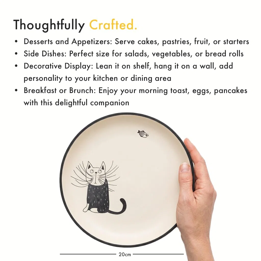Dekorativer Teller mit Katzenmotiv aus Keramik - Ms. Meow und Bubbles - verspielt & modern – Für Tisch, Regal & Wohnraum Dekoration, Geschenkidee für Katzenliebhaber, Elfenbeinweiß, 20 cm