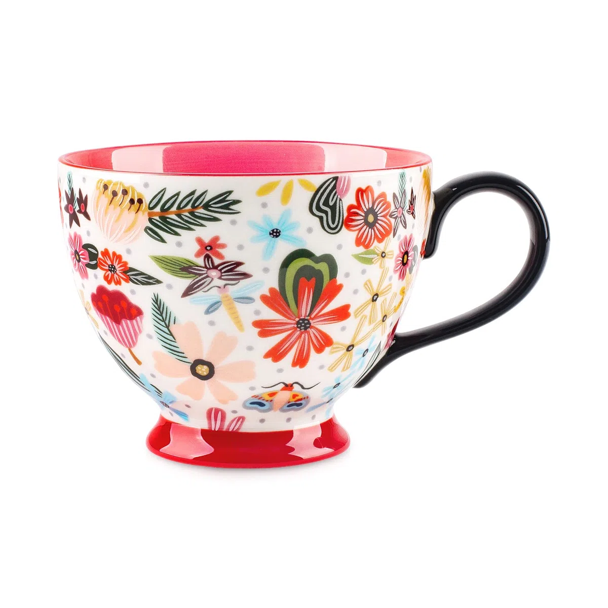 Berry President Handbemalte Keramiktassen mit Blumenmuster, 15 OZ, große Tassen für Milch, Kaffee, Cappuccino, Tee, Kakao, Frühstücks-Haferflockentassen (Bunte Blume rot)