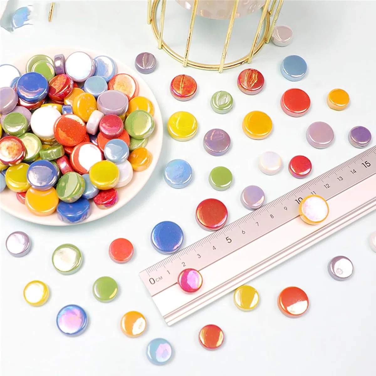 Schillernde, runde Glasmosaikfliesen zum Basteln, 500 g, Mini-Kreis-Mosaik-Glasstücke für Blumentöpfe, Vasen, Tassen, Garten und Heimdekoration, DIY-Mosaikzubehör (Farbe mischen)