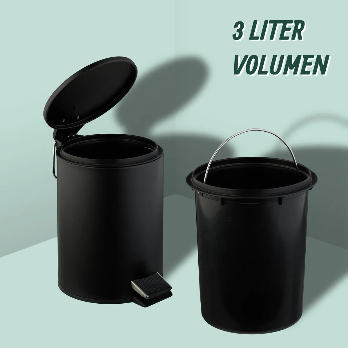 Relaxdays Kosmetikeimer, 3 Liter, Absenkautomatik, entnehmbarer Inneneimer, Metall, Bad Mülleimer mit Deckel, schwarz