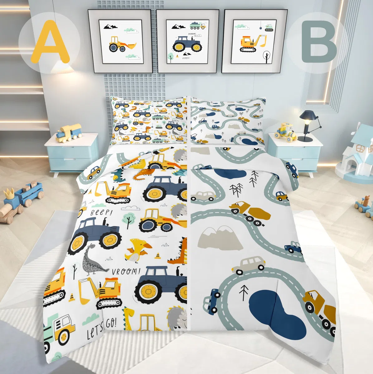 Jungen Cartoon Auto Bettwäsche Set 135x200,Kinder Bau Fahrzeuge Tröster Abdeckung für Kind Kleinkind Teens,Dinosaurier Bettbezug,Traktor Maschinerie Bagger Bettdecke Abdeckung,Lkw Autos Bettwäsche