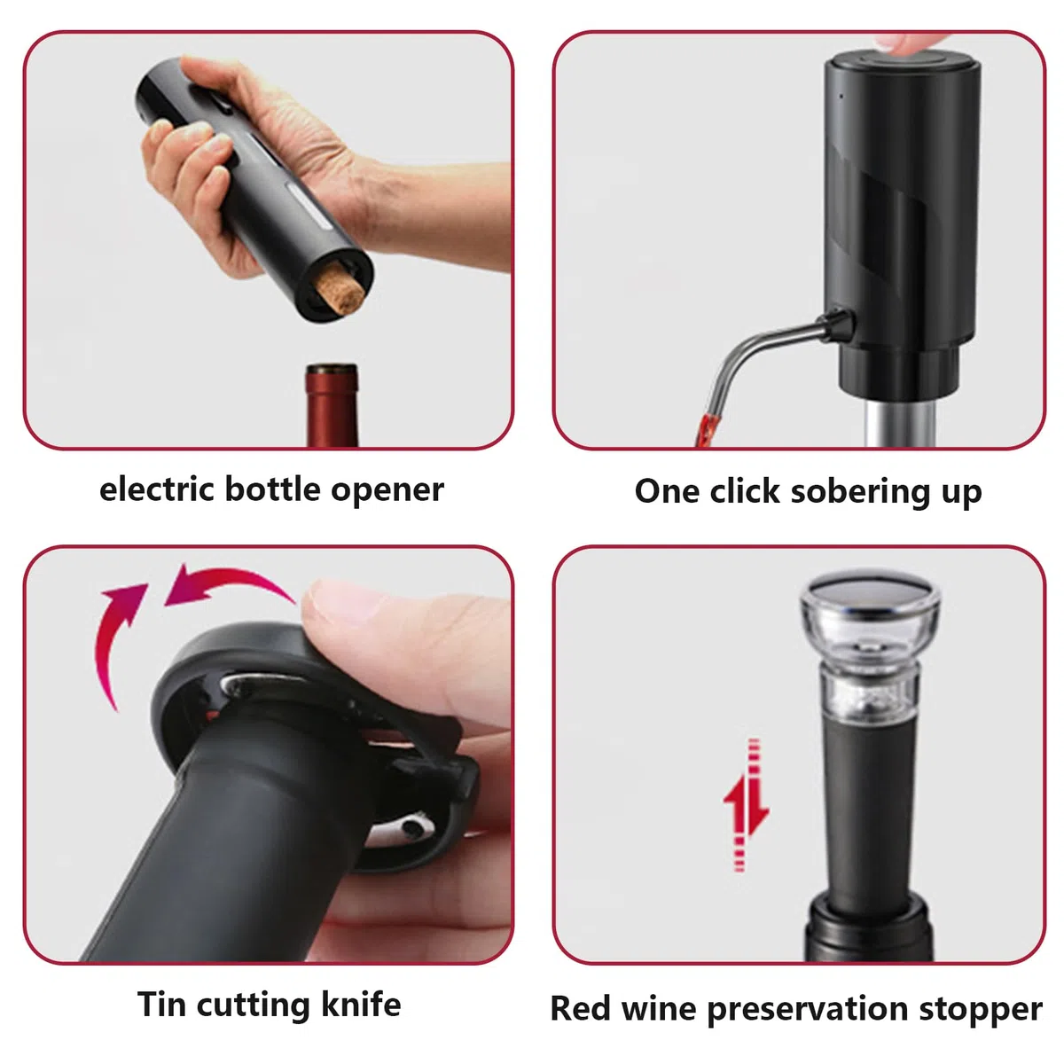 Elektrischer Korkenzieher Elektrischer Weinbelüfter Set 4-in-1 Weinset, Elektrischer Weinschrauber mit Wiederaufladbarem Weinöffner, Wiederaufladbarem Weinbelüfter, Folienschneider, Vakuumstopfen