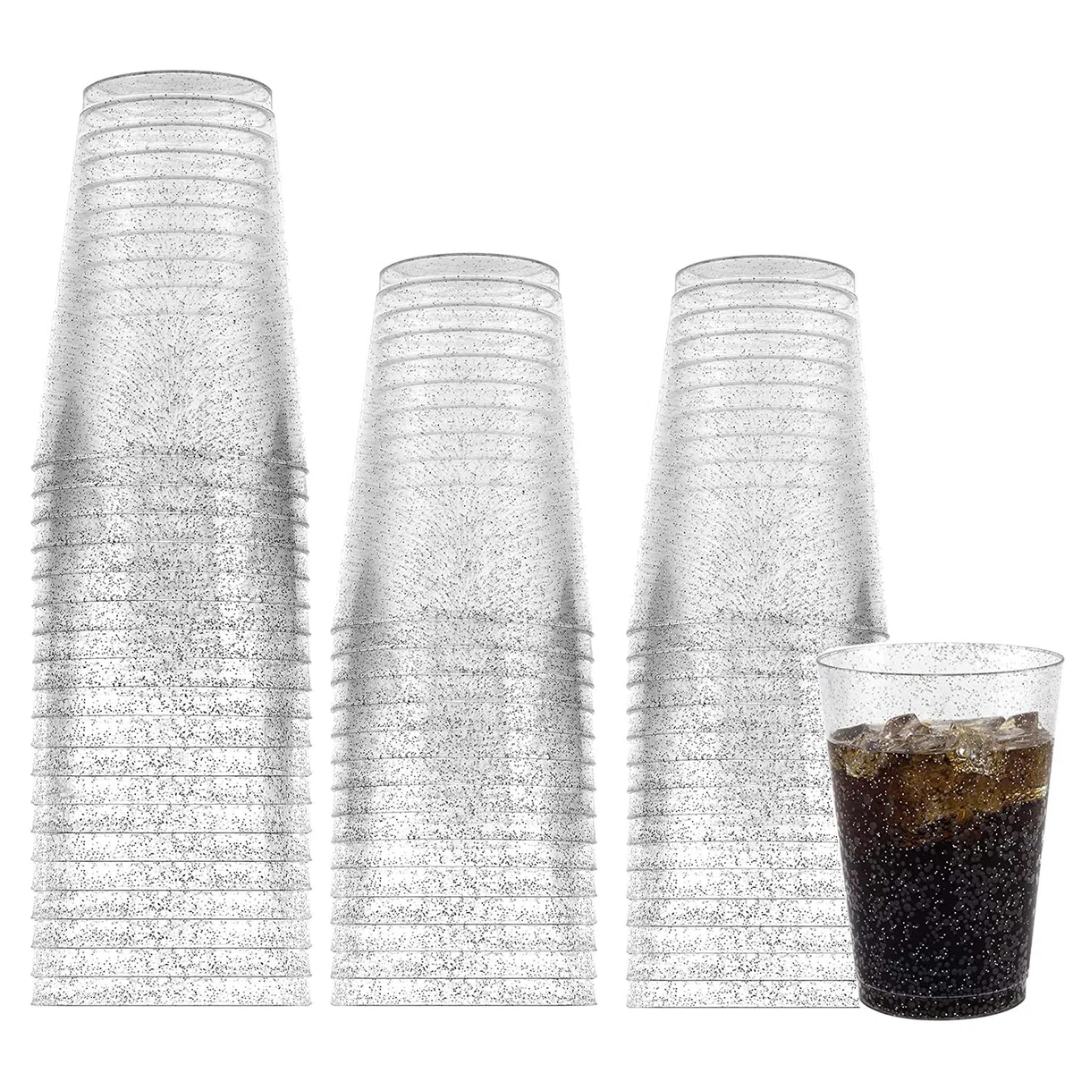 CYH 50 Stück Mehrweg Plastikbecher mit Silberglitter, 300ml Transparent Partybecher Wiederverwendbare Runde Trinkbecher Elegante Party Weingläser für Party Hochzeit Geburtstag Picknick (Silber)