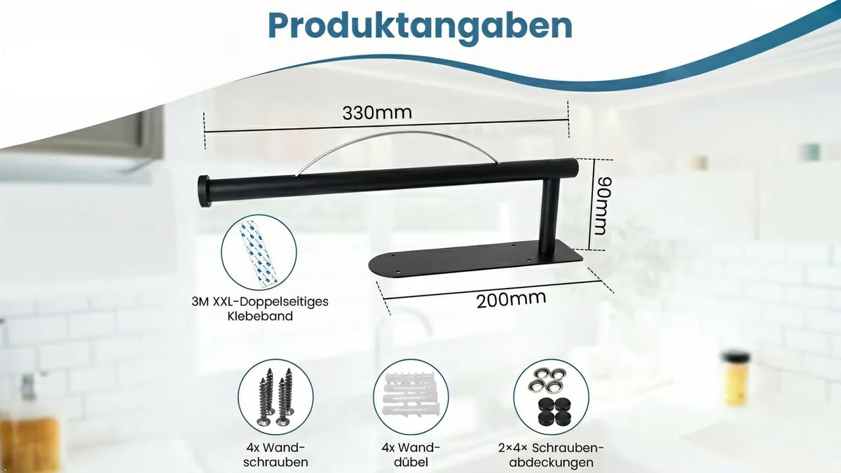 Premium Küchenrollenhalter ohne Bohren Selbstklebend Wand - Einhändig Abreißen XXL Basis - Zewa Rollenhalter mit Abroll-Bremse Dämpfung - Küchenpapierhalter Edelstahl Schwarz Küche Bad Wohnmobil