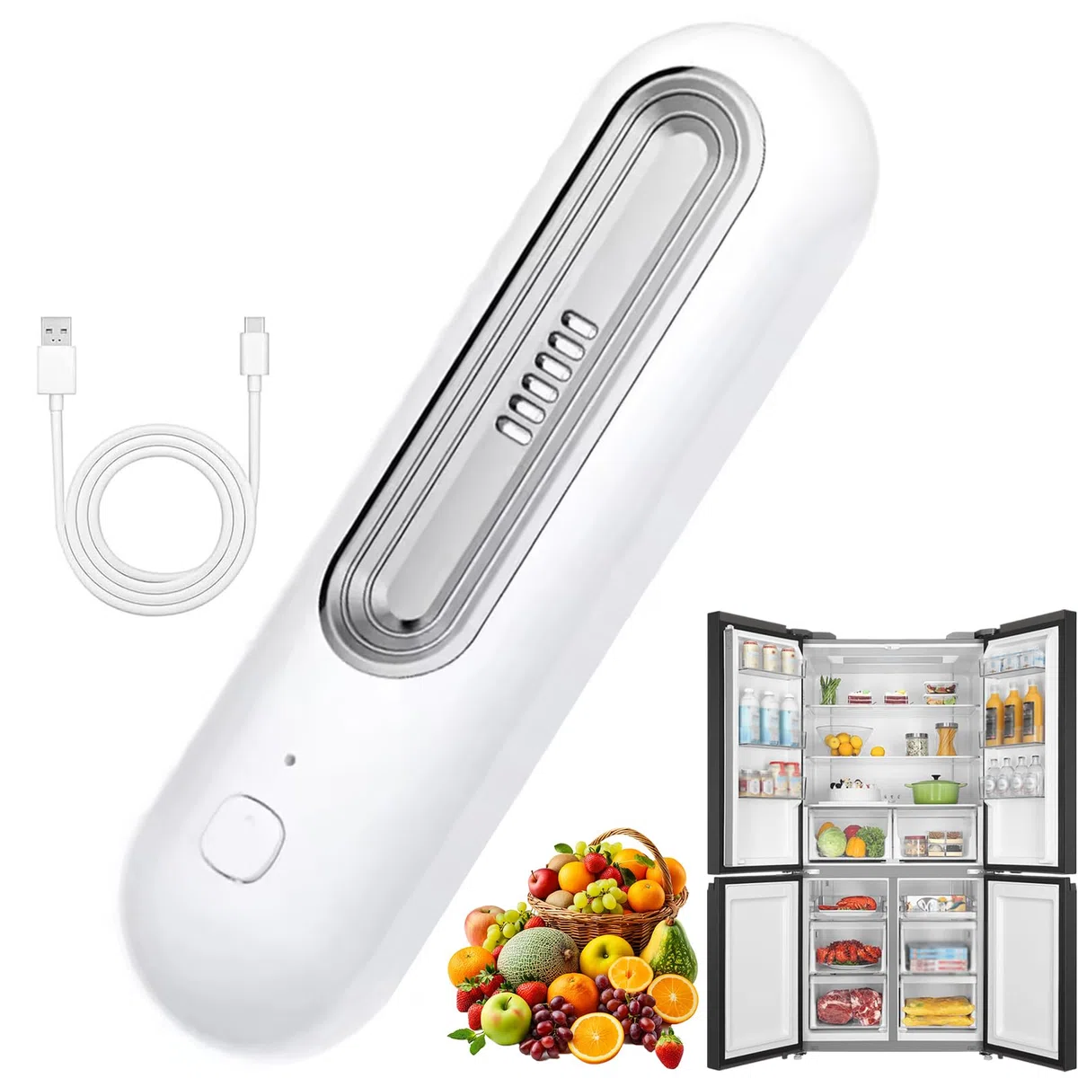 Ozoori Fridge Deodorizer Odor Eliminator, Kühlschrank-Deodorizer, 2 Modi wiederaufladbarer Geruchsneutralisierer Ozongenerator, Kühlschrank-Deodorierer, Geruchsentferner für Gefrierschrank (Silber)
