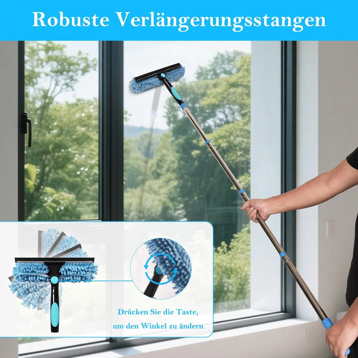 Terafeels 170cm Teleskop Fensterwischer Abzieher Set, 2 in 1 Teleskopstange Fensterreinigung ür Innen und Außen Hohe Fenster Autoglas (Blau)