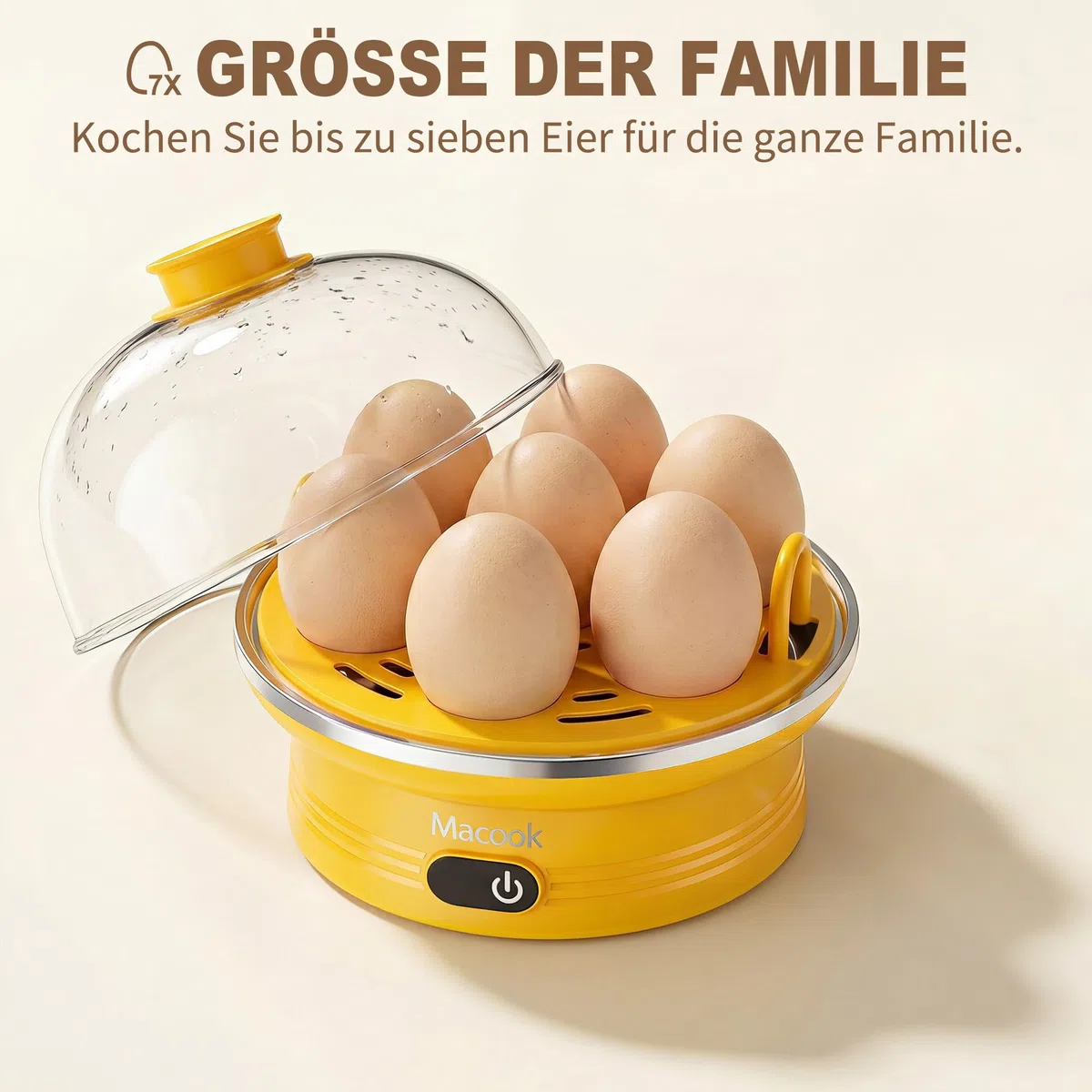 Macook Eierkocher für 1-7 Eier, Eierkocher Testsieger, Egg Cooker Computergesteuerte Kontrolle, Egg Boiler mit LED Touchscreen, BPA-frei, 350W, Gelb [Energieklasse A+++]