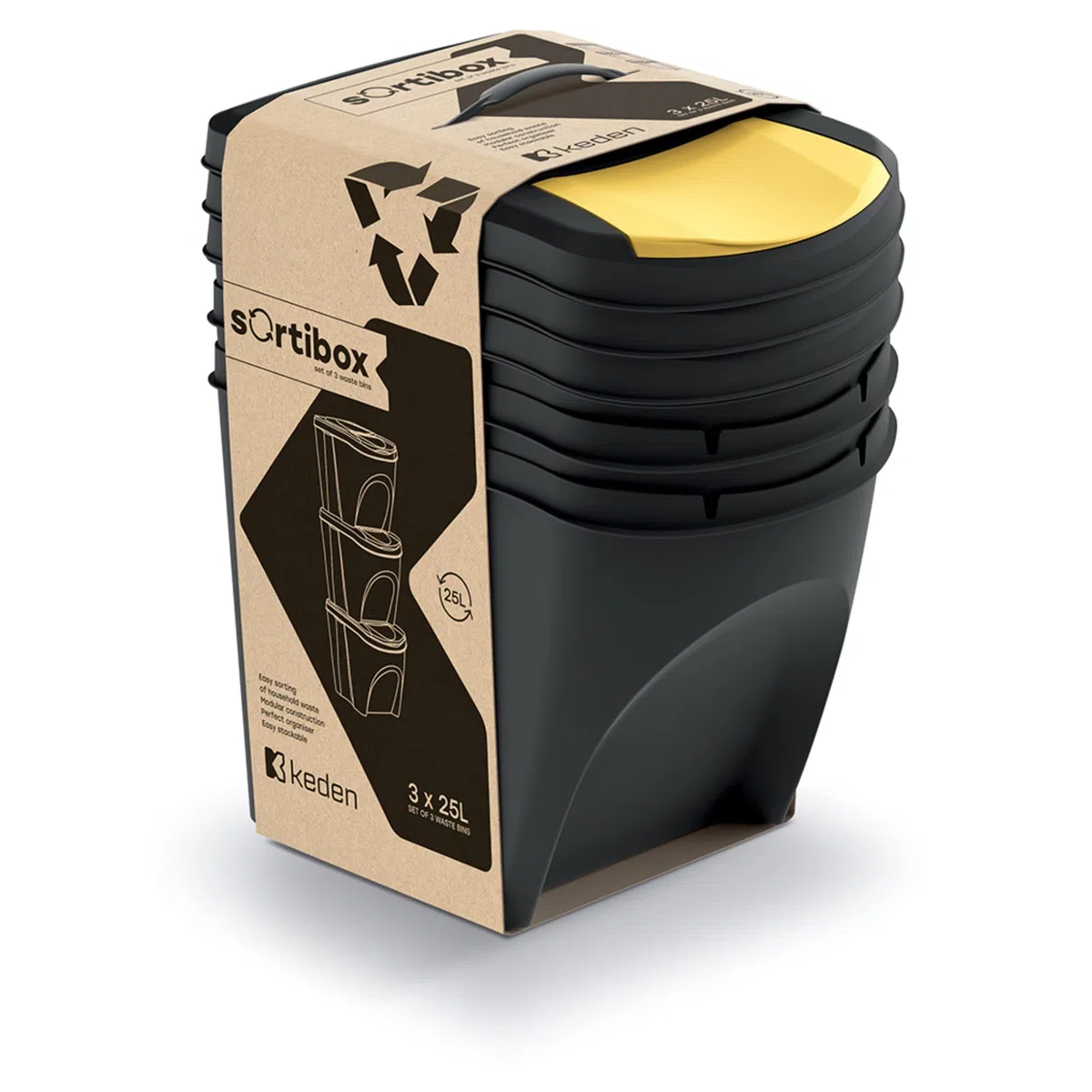 Set von 3 Mülltonnen KEDEN SORTIBOX aus 100% recyceltem Kunststoff, schwarz, 75L