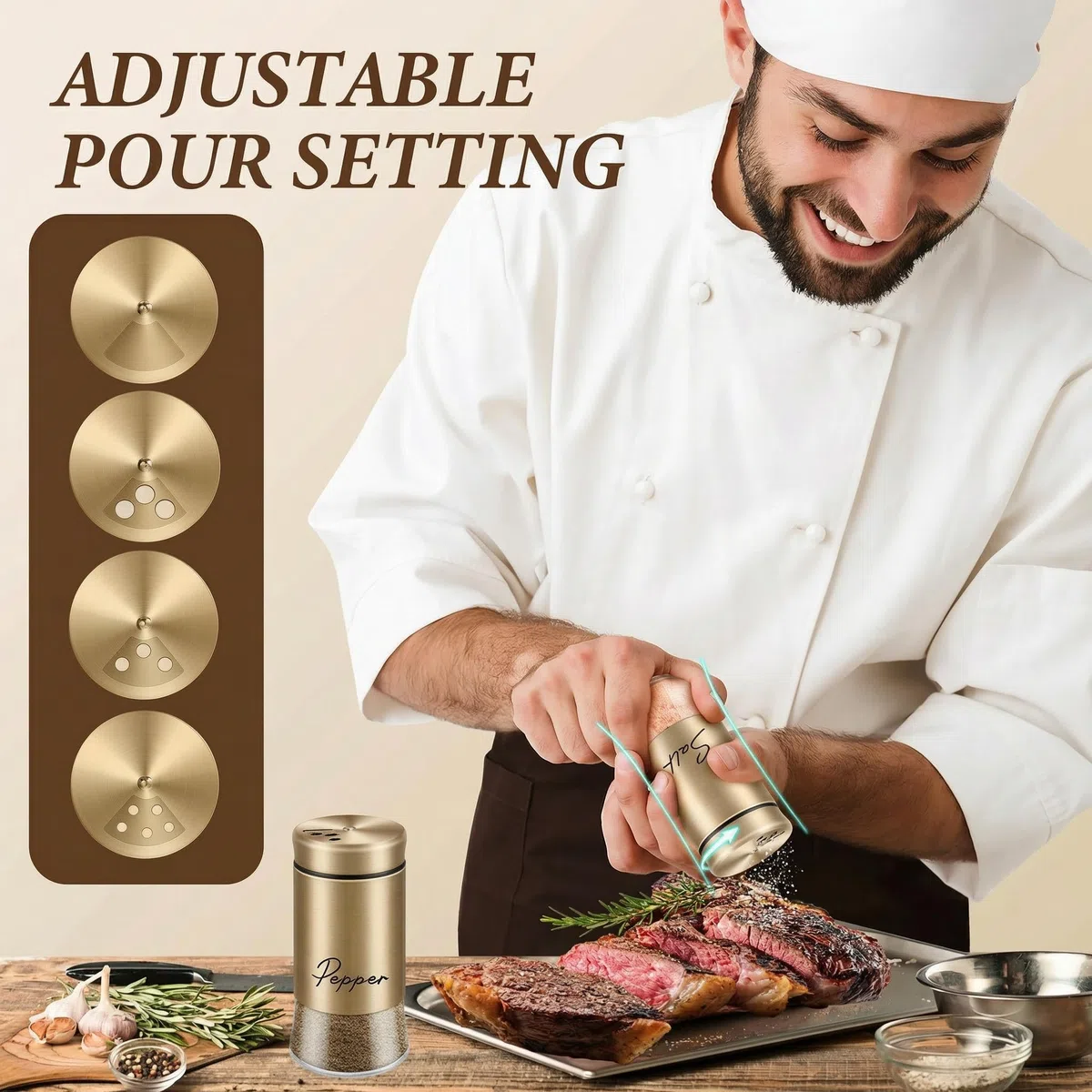 Goldfarbenes Salz- und Pfefferstreuer-Set, 142 ml, moderne Bauernhaus-Küchendekoration und Zubehör für Restaurant, Hochzeit, Einweihungsgeschenke, nachfüllbares Design (Gold)