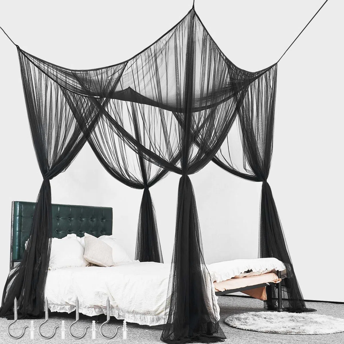 Betthimmel,Hängendes Moskitonetz Bett,Screen Netting Himmelbett Vorhänge,Insektenschutz Mosquito Netz Bett,4 Einträge Quadratische Canopy Bed Curtains,Moskitonetz Schwarz für Freien Drinnen