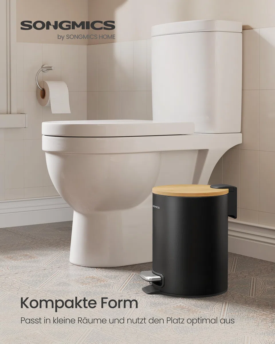 SONGMICS Kosmetikeimer, Mülleimer Bad, mit Deckel aus Bambus, Tretmülleimer mit Metallpedal, Inneneimer herausnehmbar, Softclose, für Badezimmer, 3 Liter, tintenschwarz LTB113BZ01
