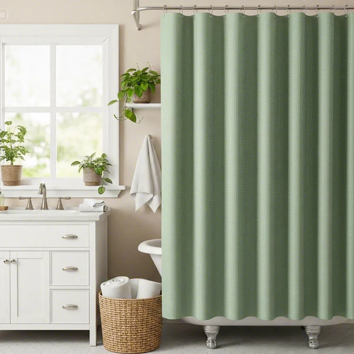 WELTRXE Waffel-Duschvorhang 180 x 200 cm, Anti-Schimmel-Duschvorhang-Set, wasserdichter Stoff-Badewannenvorhang mit 12 Edelstahlhaken, für Dusche und Badewanne, Salbeigrün