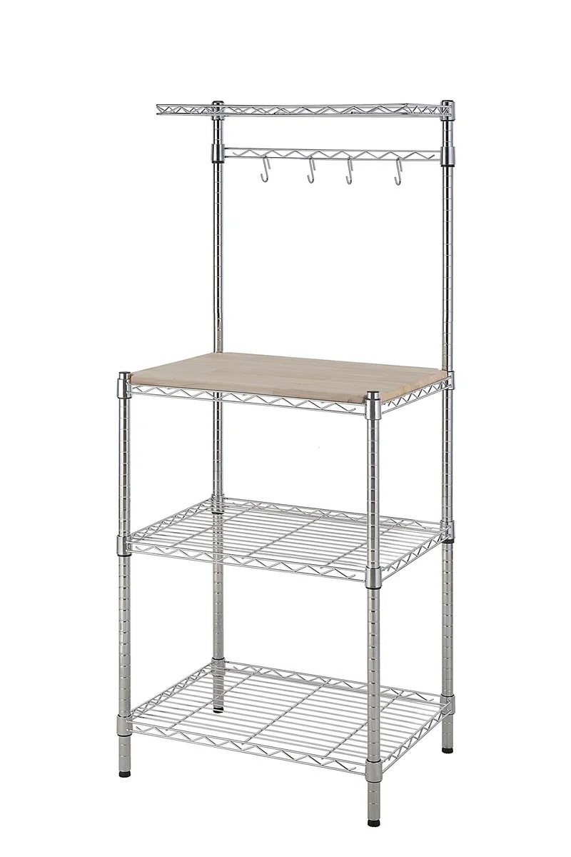 Amazon Basics 3 Küchenregal, Bäckergestell mit Holztisch, Chrom, Holz, 61 cm Chrome, Beige