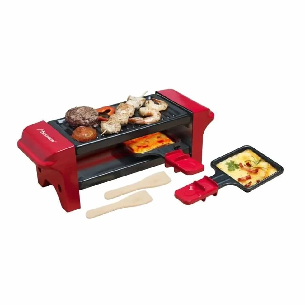 Bestron Raclette für 1 bis 2 Personen, Mini Tischgrill mit zwei Pfännchen und zwei Holzschabern, 350 Watt, Farbe: Rot/Schwarz