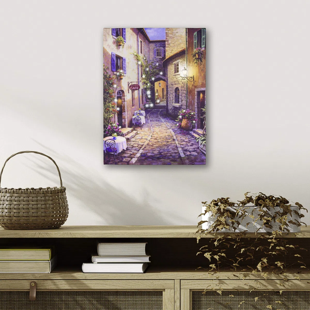 Nexos Trading LED Wandbild Leinwandbild mit Beleuchtung Fotodruck Altstadt 30x40 cm Kunstdruck Leuchtbild mediterrane Sommer Süden mit Glasfaser-LED Italien Rom