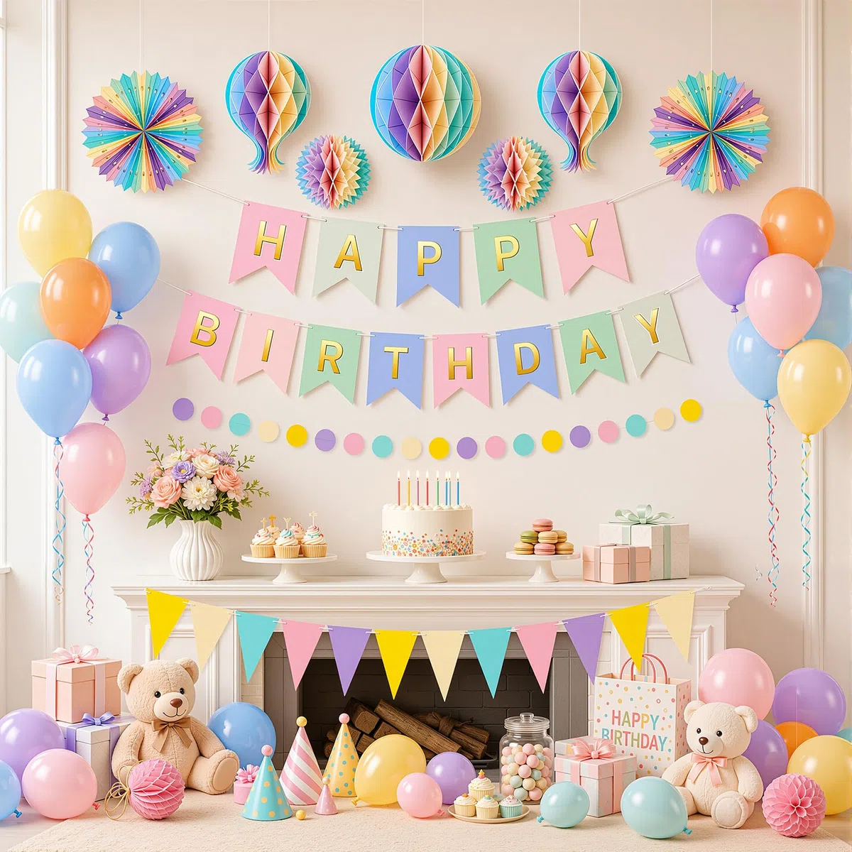 OLANRUN Geburtstagsdeko Set, Geburtstag Deko mit Happy Birthday Girlande, Banner, 21 Luftballons, Wimpelkette, Wabenbälle, Papierfächer, Luftschlangen für Frauen Mann Mädchen Jungen Party Deko