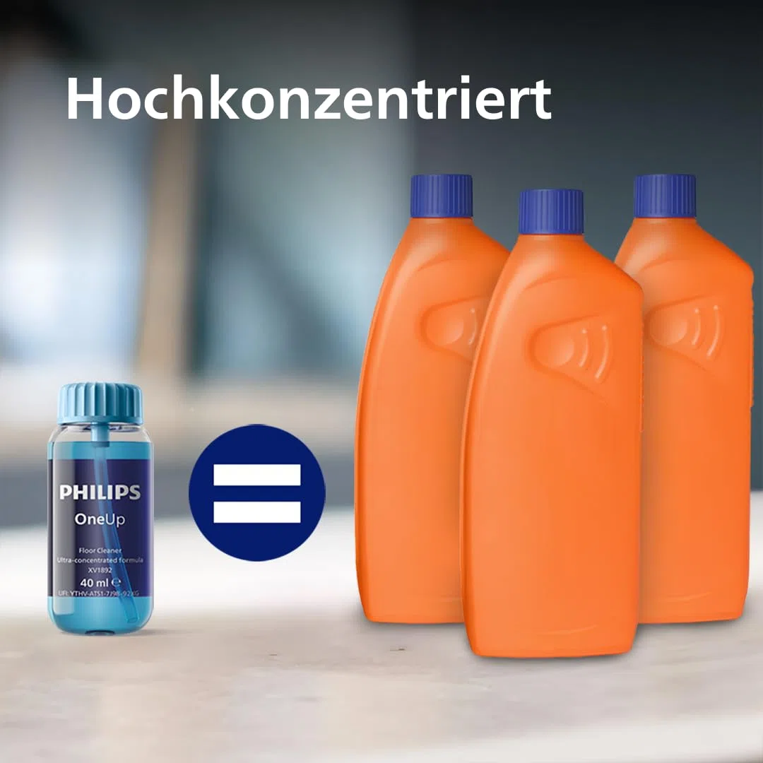PHILIPS OneUp Bodenreiniger Doppelpack – Optimiert elektrischen Wischmopp, präzise Dosierung, hochkonzentriert für 40 Anwendungen, ersetzt 3 Reinigungsmittel-Flaschen (XV1892/02)