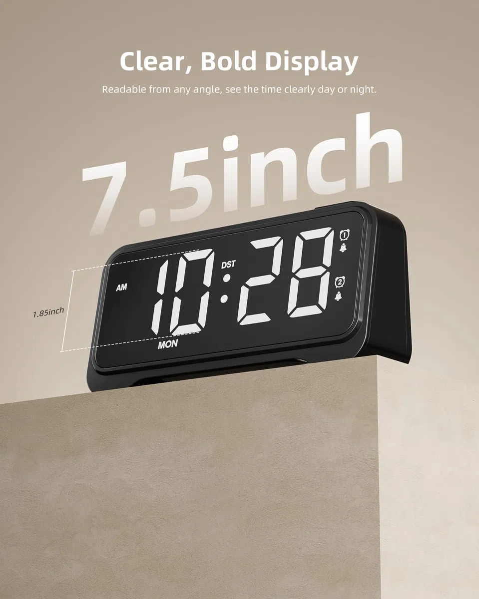 ROCAM LED Wecker Digital mit Großen Zahlen, Nachttisch Wecker mit Typ-C & USB-Ladeanschluss, Dualer Alarm, 12/24H, Wochenendmodus, Digital Uhr für Schlafzimmer, Kinder, Teenager, Senioren