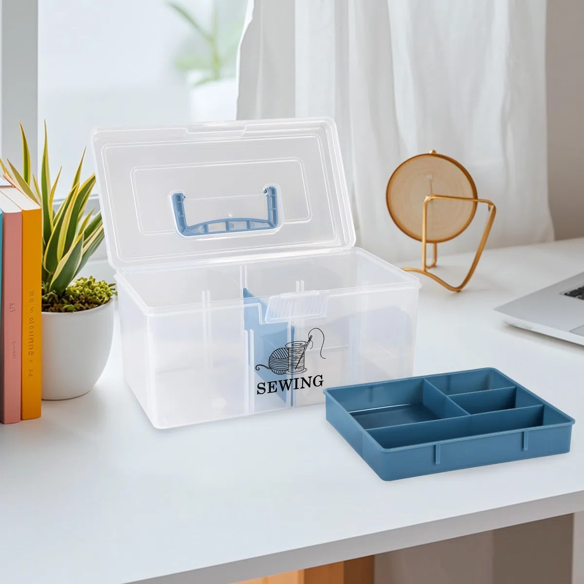 Nähkorb 2‑lagig mit Tragegriff – Transparentes Nähkästchen leer aus Kunststoff mit Einsatz & Klappdeckel – Aufbewahrungsbox für Nähzubehör, Garn, Knöpfe & Bastelmaterial