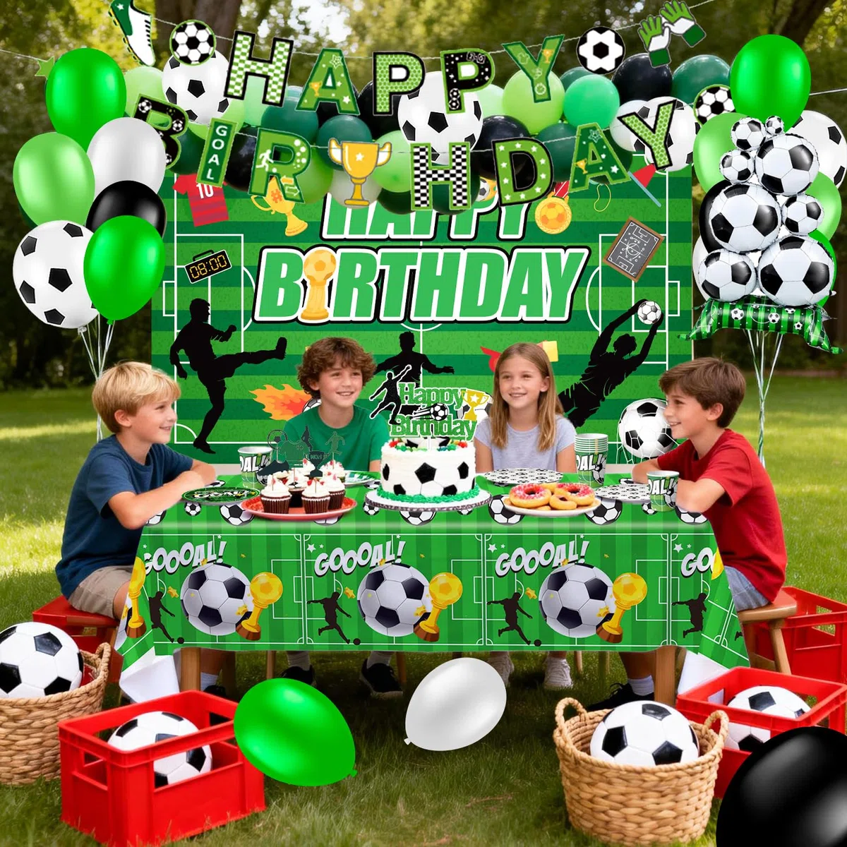 Fussball Deko Geburtstag,137 Stück Fußball Partygeschirr Set Party Pappteller Tasse Tischdecke Luftballon Banner etc Fußball Deko Geburtstag