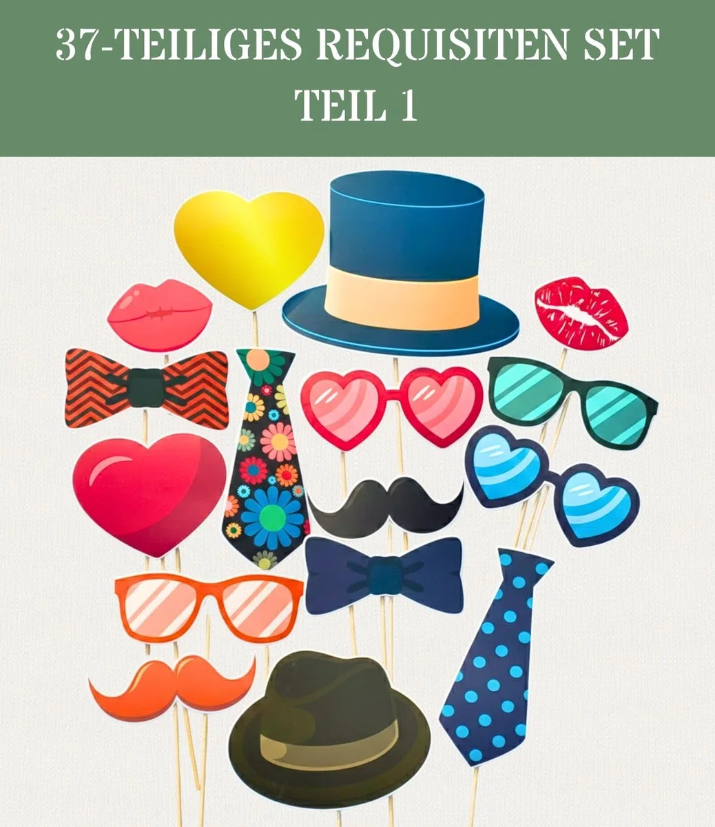 Fotobox Accessoires für Hochzeit -37-teiliges Premium Foto-Set für unvergessliche Hochzeitsbilder – Lustige Requisiten für Photo Booth Party Zubehör