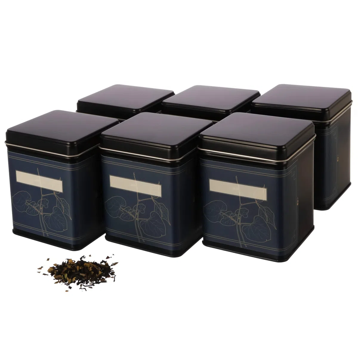 6x klassische eckige Teedose, stapelbar, aromadicht aus Metall für je 140g Earl Grey, inkl. 6 florale-Etiketten | 9.8x7.6x7.6 cm (H,B,T) auch ideal als Mehl-, Reis- oder Keksdose
