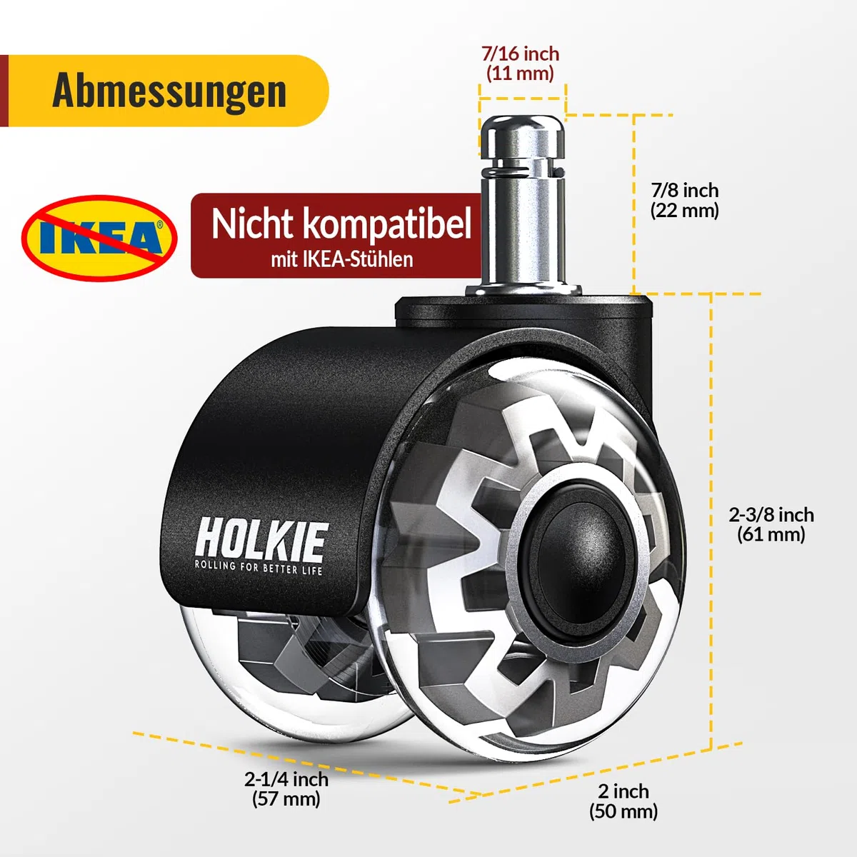 HOLKIE Bürostuhl Rollen 11mm 5er Set Grau Gummi Rollen für Bürostühle Schreibtischstuh mit Doppelrädern Stuhlrollen für Parkett Geeignet Harte Böden Leises & Sanftes Gleiten