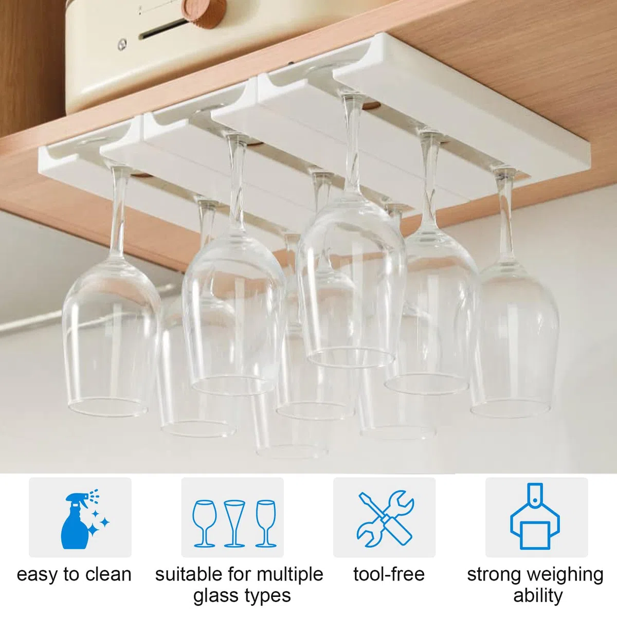 4 Stück Weinglashalter, Gläserhalter zum Aufhängen Weinglasregal Hängend Selbstklebend, Weingläser Halterung Unter Dem Schrank Stemware Rack Kein Bohren Für Küche Bar Restaurant Weiß