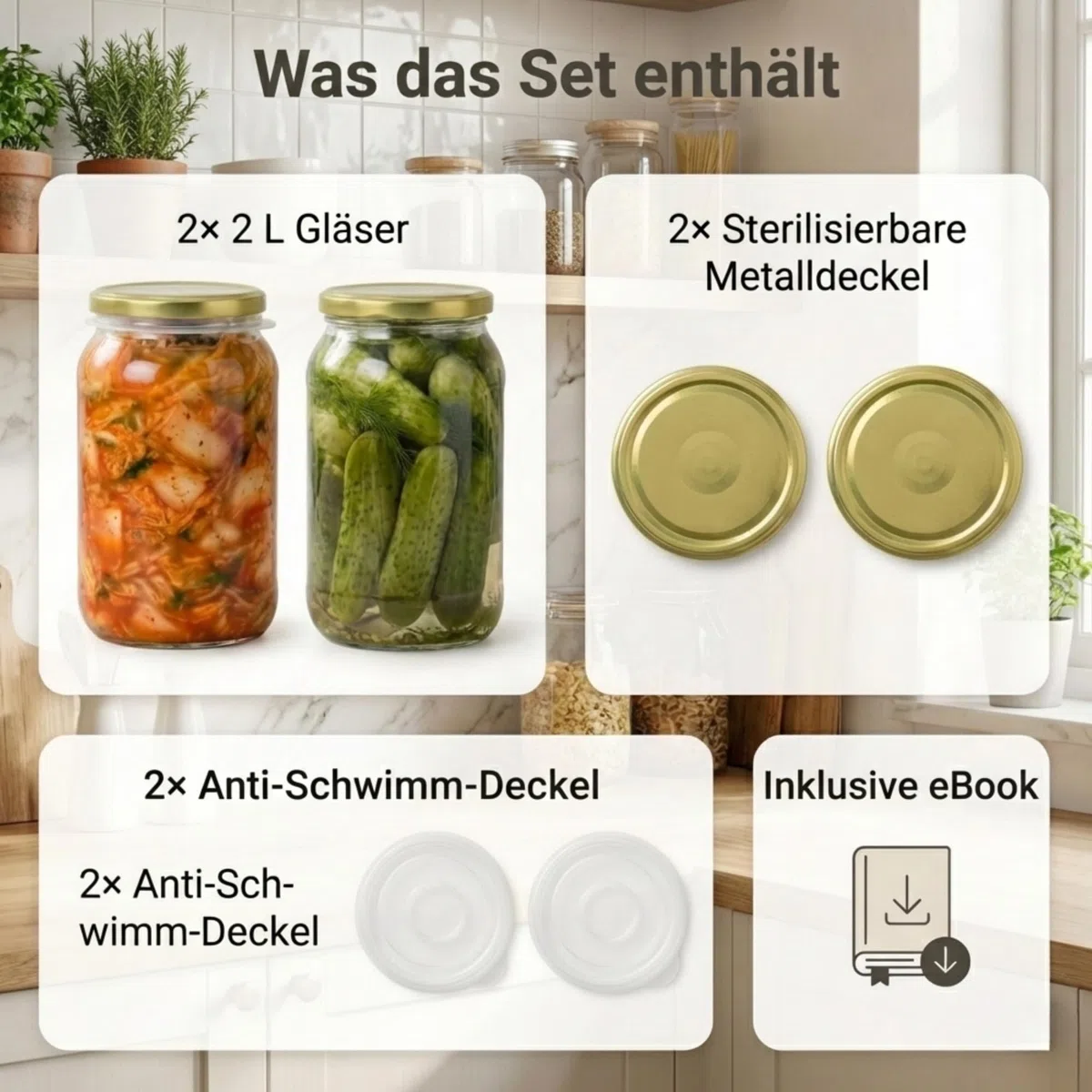 myFERMENTS Kimchi Behälter – 2L großes Fermentierglas für Kombucha, Kimchi, Kefir – Einmachgläser mit Schraubdeckel, weite Öffnung zum Einlegen, Fermentieren – Luftdichte Deckel – 2er Set